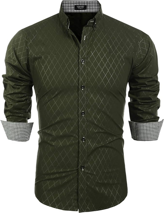 Mens Shirt Slim Fit Business Plaid Button Down Collar - Army Green