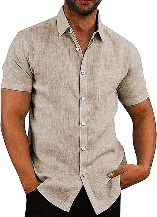 Mens Shirt Casual Linen Button Down, Short Sleeve