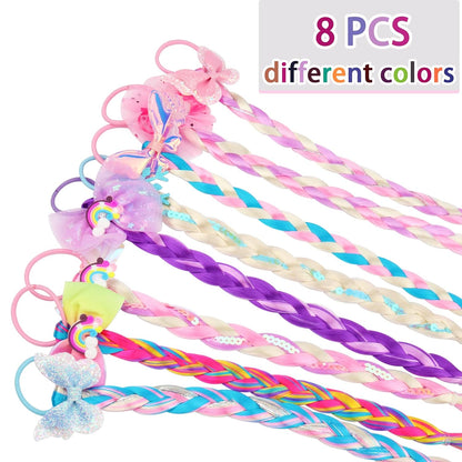 8 Pieces Colored Braids Hair Extensions with Rubber Bands Ponytails Hair Bows