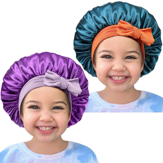 Satin Bonnet Silk Hair Cap: 2pcs Kids Bonnets with Adjustable Tie Band