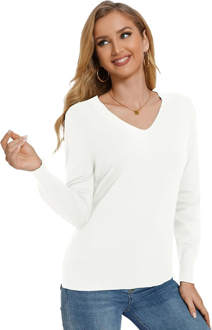 Women's Long-Sleeve Pullover Lightweight Soft V-Neck Casual Sweater