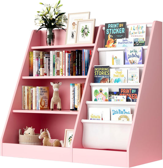 Pink 4 Tier Kids Wooden Bookshelf, Five Layer Sling Bookcase