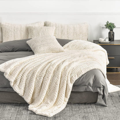 Luxury Double Sided Faux Fur Throw Blanket(Without Pillows)(Ivory,50" x 63")