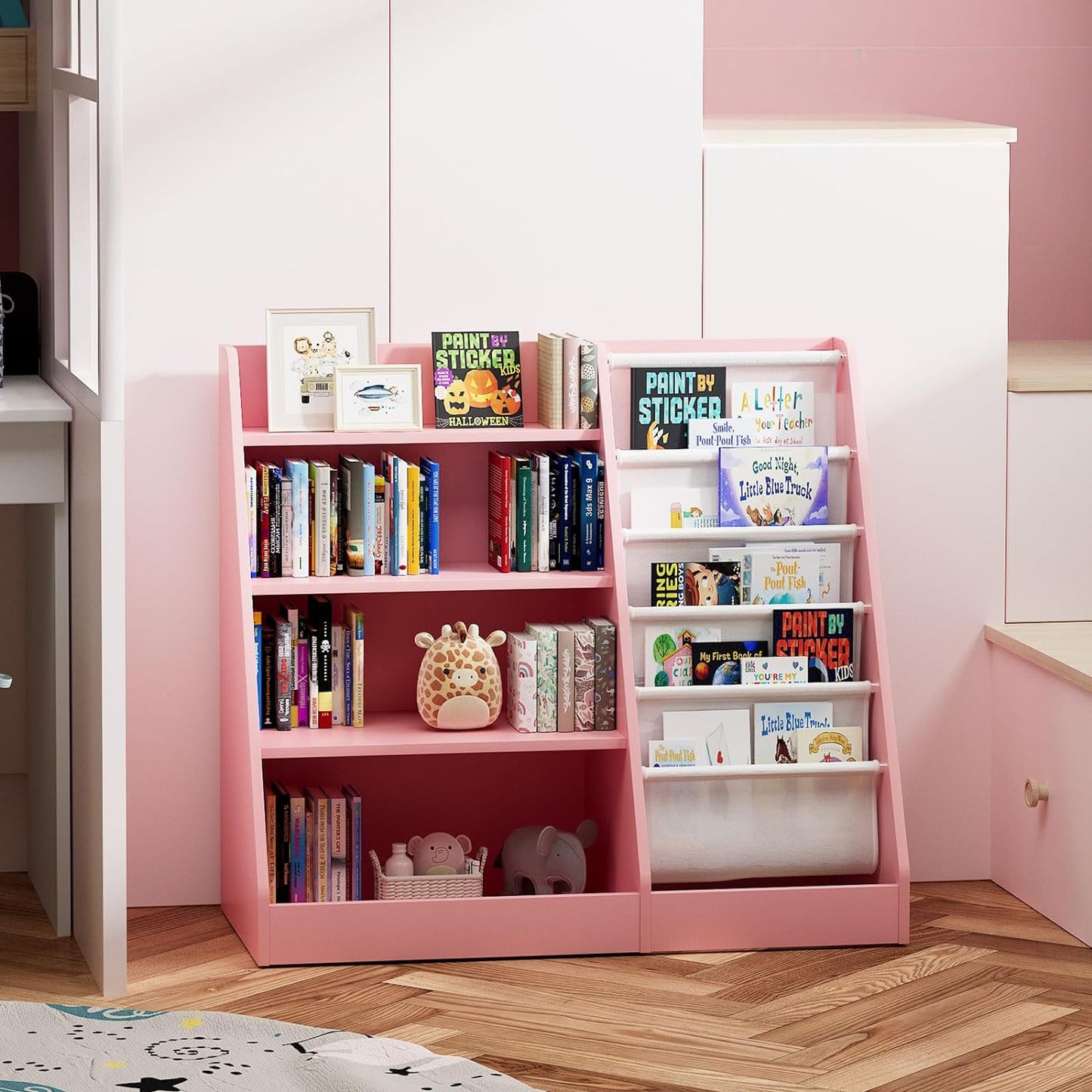 Pink 4 Tier Kids Wooden Bookshelf, Five Layer Sling Bookcase