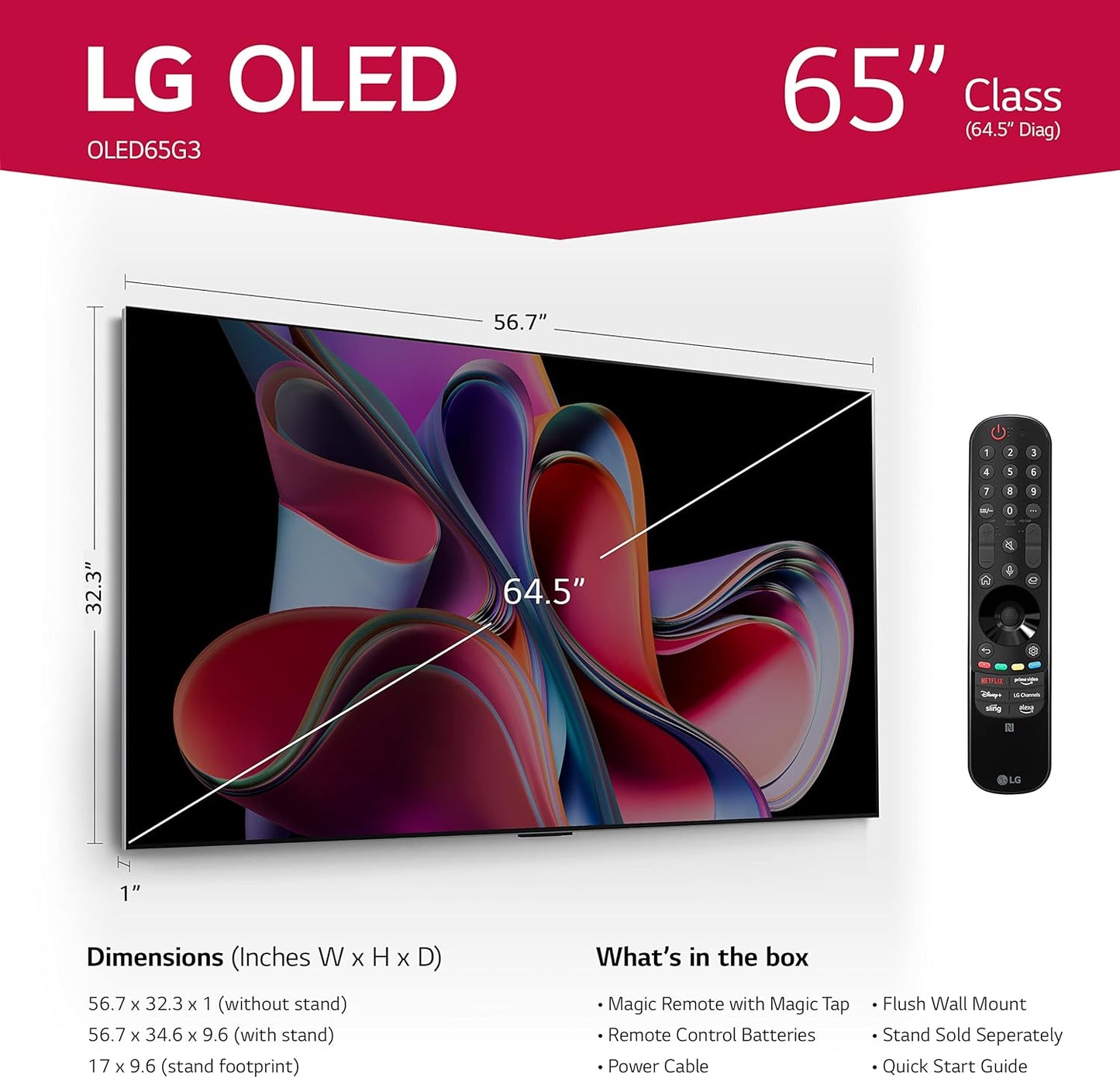 LG G3 Series 65-Inch Class OLED evo 4K Processor Smart Flat Screen TV for Gaming with Magic Remote