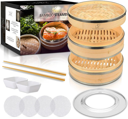 SP Dynamics Bamboo Steamer Basket Set Chinese Cuisine 10-inch 2 Tiers