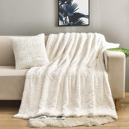 Luxury Double Sided Faux Fur Throw Blanket(Without Pillows)(Ivory,50" x 63")