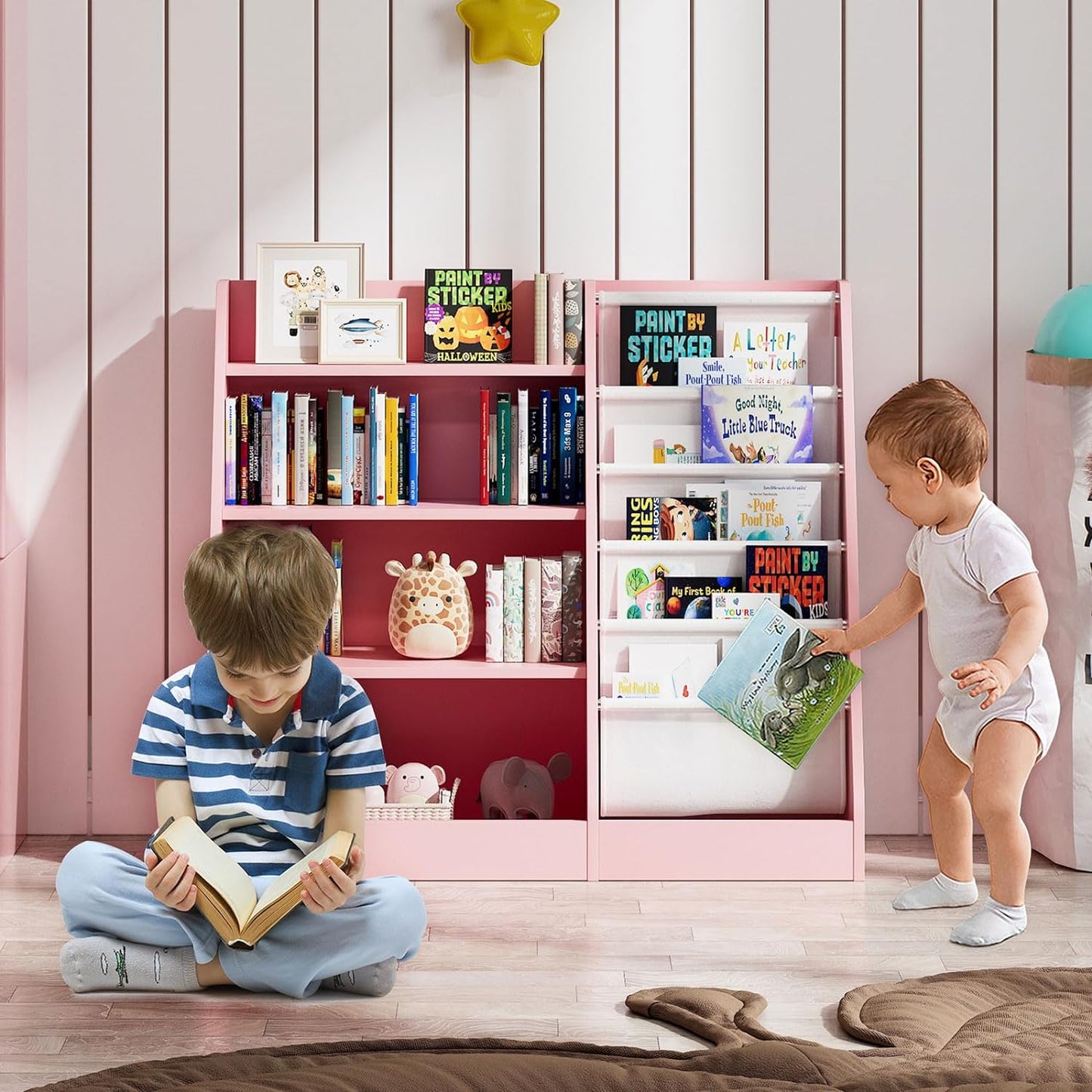 Pink 4 Tier Kids Wooden Bookshelf, Five Layer Sling Bookcase