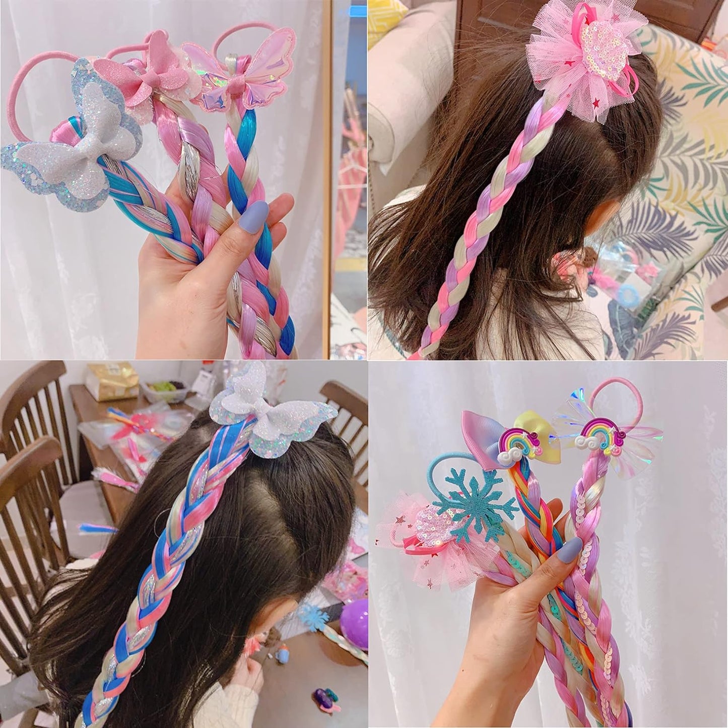 8 Pieces Colored Braids Hair Extensions with Rubber Bands Ponytails Hair Bows