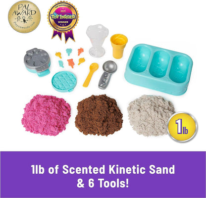 Kinetic Sand Scents, Ice Cream Treats Playset with 3 Colors of All-Natural Scented Play Sand & 6 Serving Tools, Sensory Toys