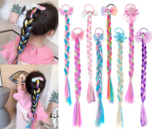 8 Pieces Colored Braids Hair Extensions with Rubber Bands Ponytails Hair Bows