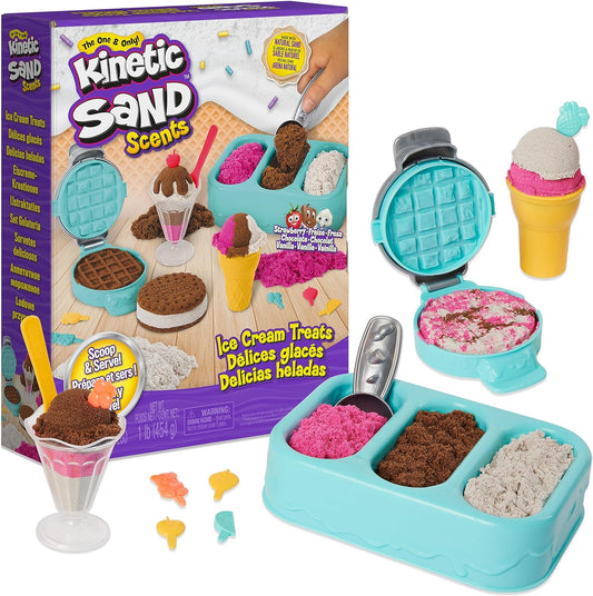 Kinetic Sand Scents, Ice Cream Treats Playset with 3 Colors of All-Natural Scented Play Sand & 6 Serving Tools, Sensory Toys