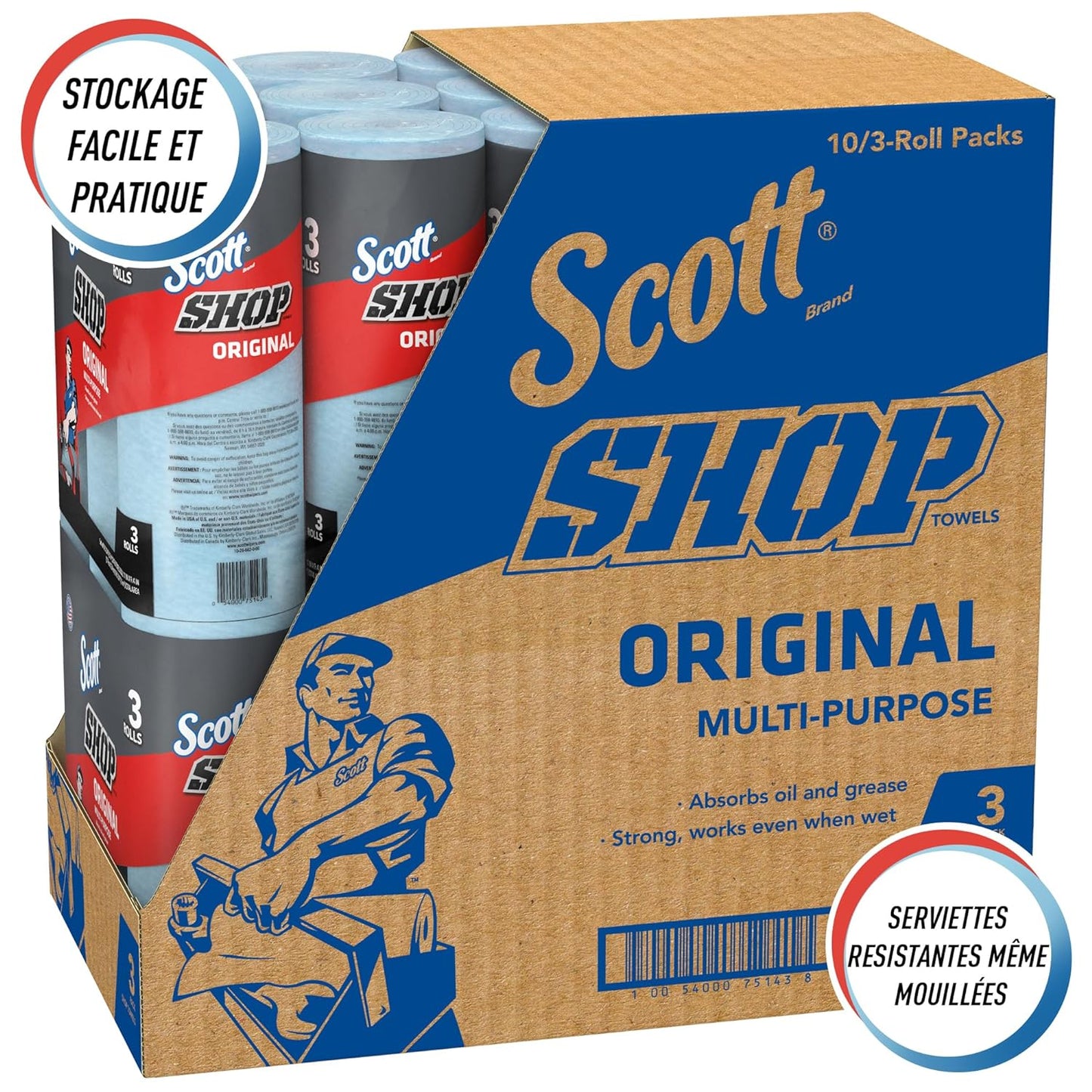 Scott Shop Towels Original (75143), Blue, 55 Towels/Standard Roll, 30 Rolls/Case (10 Bundles of 3 Rolls)