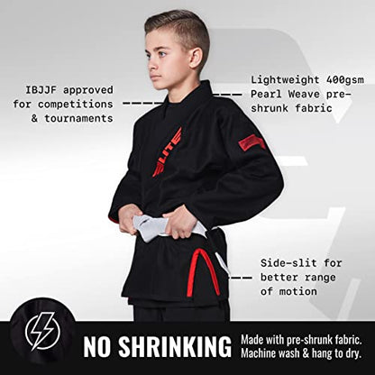 Elite Sports Kids BJJ GI, Youth IBJJF Children’s Brazilian Jiujitsu Gi kimono W/Preshrunk Fabric & Free Belt (Premium Black, C3)