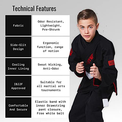 Elite Sports Kids BJJ GI, Youth IBJJF Children’s Brazilian Jiujitsu Gi kimono W/Preshrunk Fabric & Free Belt (Premium Black, C3)